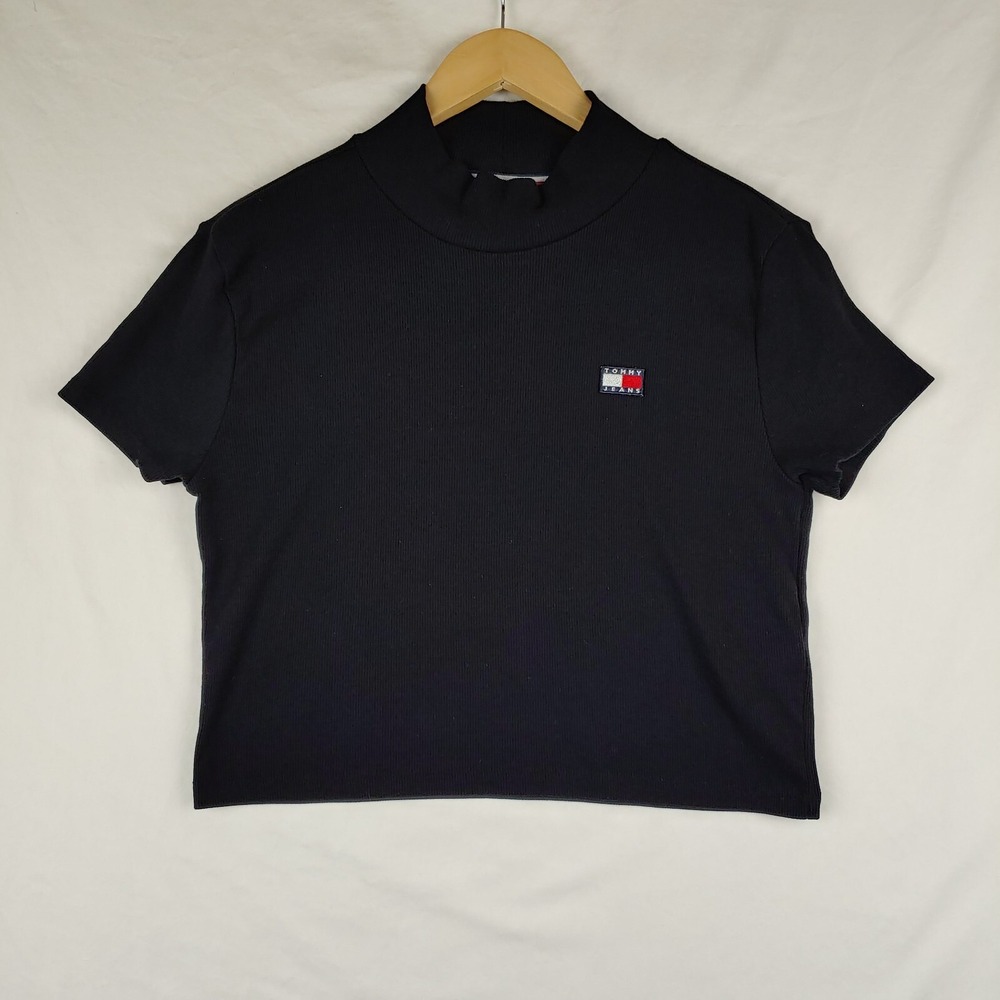 Tommy Hilfiger Top Womens Large Black 90s Mock Neck Short Sleeve Crop Top Tee
